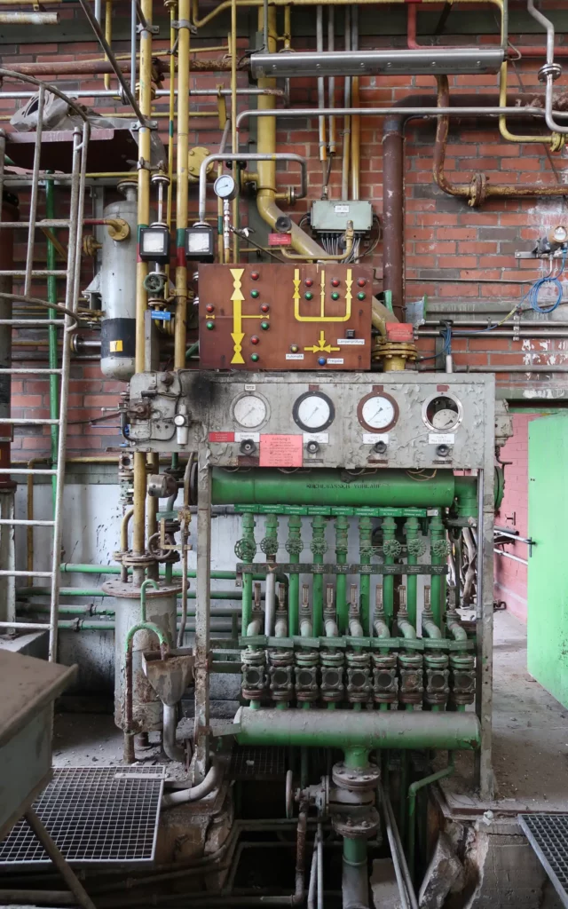 Aged industrial control panel with pressure gauges, valve manifold and interconnected process pipework. Aged industrial control panel with pressure gauges, valve manifold and interconnected process pipework.