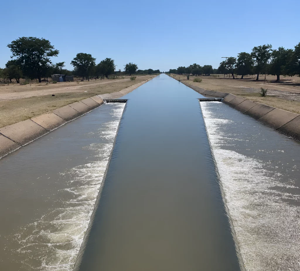 Concrete-lined irrigation canal with water flowing over a central weir in a dry rural landscape Concrete-lined irrigation canal with water flowing over a central weir in a dry rural landscape