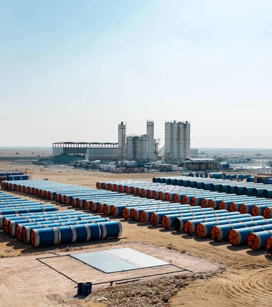 Rows of large blue-coated pipes stored at an arid industrial site, with silos and batching plant in the background. Rows of large blue-coated pipes stored at an arid industrial site, with silos and batching plant in the background.